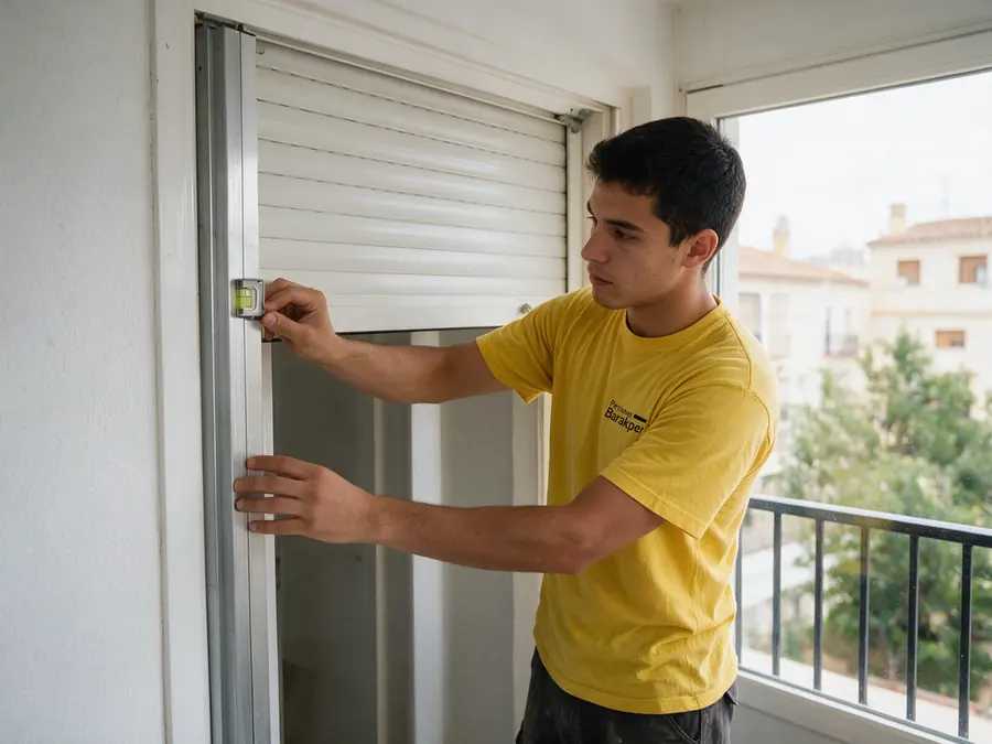 Técnico de Barakper revisando la guía de una persiana de balcón